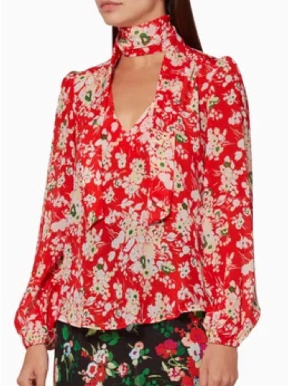 RIXO bunch flor Red Floral Tie-Front Blouse
